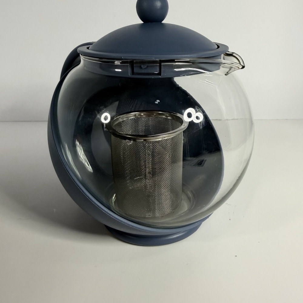 New In Box Primula Glass Tempo Round Loose Tea Infuser Teapot 40 oz Blue/Clear